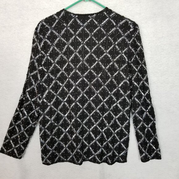 PAPELL BOUTIQUE Evening Windowpane Silk Beaded Accents Jacket Black Large ~ 4451 - Picture 4 of 7